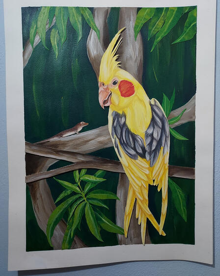 "Cockatiel &amp; Lizard", 18"x24", Mixed-Media